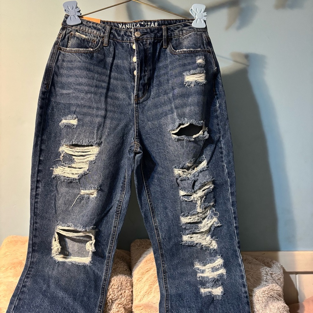 Vanilla Star Women's Ripped Blue Straight Leg Jeans